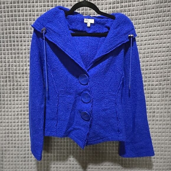 Y2K Wool Statement Sweater Jacket SzS/M Hooded Blue Mod Twee Glam Rock 60s 80s - Picture 3 of 16